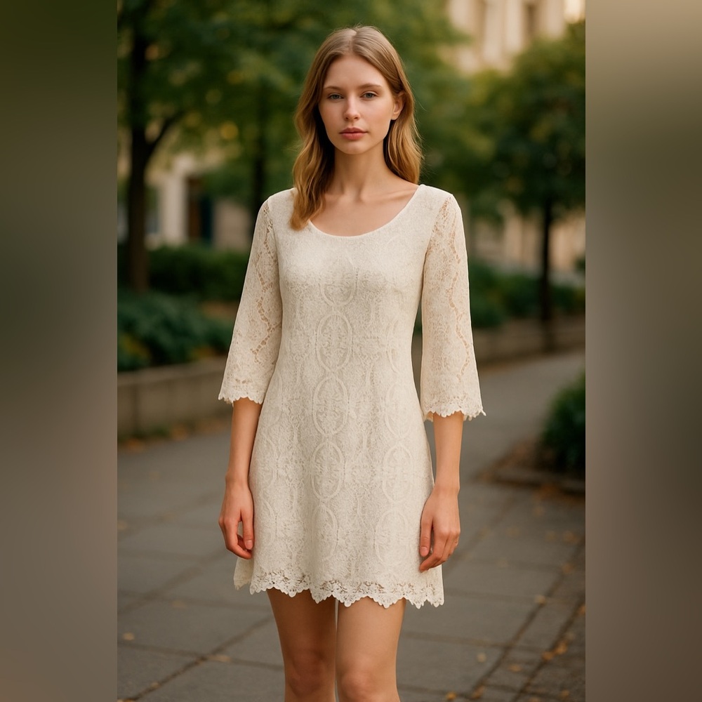 Uncle Frank Cream 3/4 Sleeve Full Lace Raw Edge Scallop Hem Mini Dress Size S